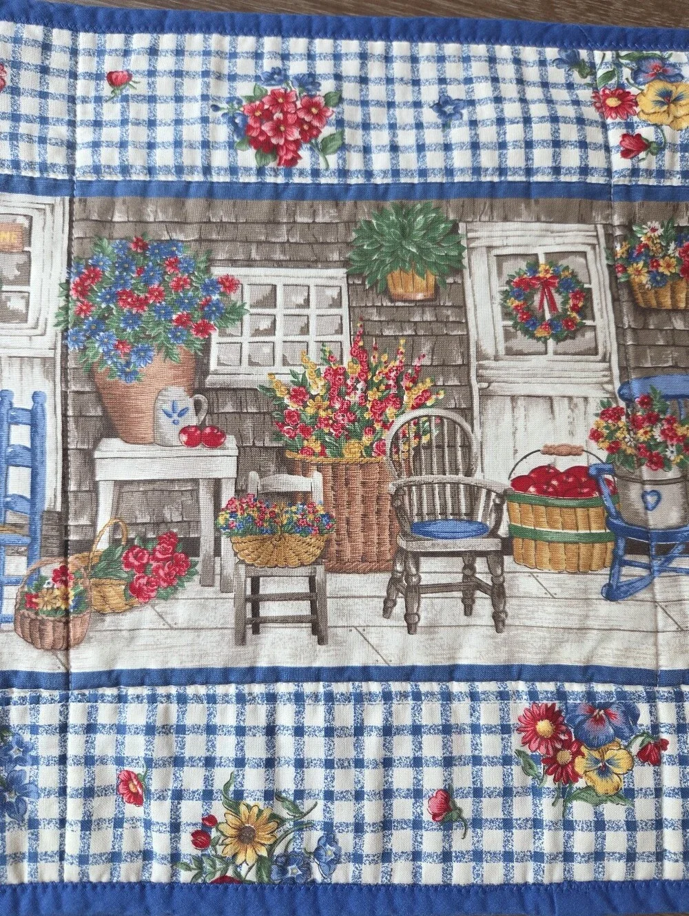 Vintage Handmade Farmhouse Gingham Floral Placemats and Table Runner